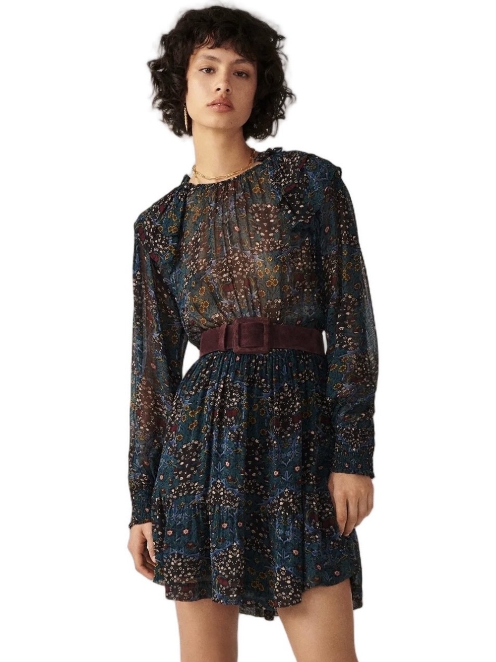 ba&sh Presley Floral Ruffle Mini Dress Long Sleeve Boho Romantic